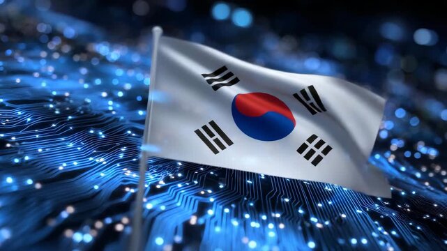 466South Korean flag on dark high-tech background, glowing circuitry connecting trigrams, Taeguk illuminated with digital neon glow