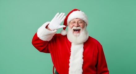 A cheerful Santa Claus with a white beard laughing and waving his hand in greeting against a plain green background.