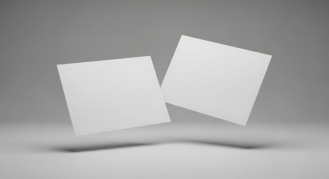 Two blank square cards or flyers floating in air against a grey background, offering a clean mockup template for design or branding
