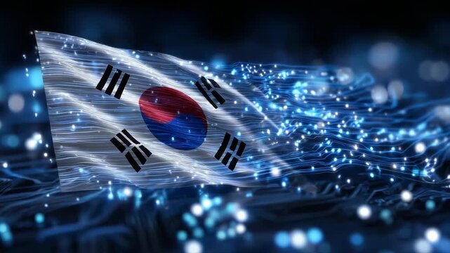 468South Korean flag on dark high-tech background, glowing circuitry connecting trigrams, Taeguk illuminated with digital neon glow