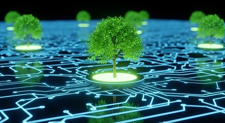 Digital ecosystem trees growing on circuit board symbolizing technology and nature harmony