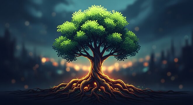 Glowing tree of life with intertwined roots in a mystical forest scene