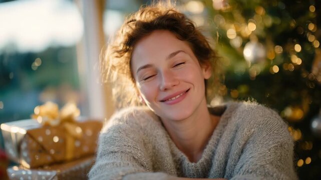 478Woman with ice pack, slouched posture, surrounded by Christmas presents and tree, subtle sunlight through window, conveying exhaustion and seasonal pressure