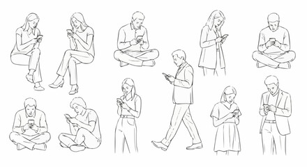 Hand drawn sketch collection of diverse people using their smartphones.