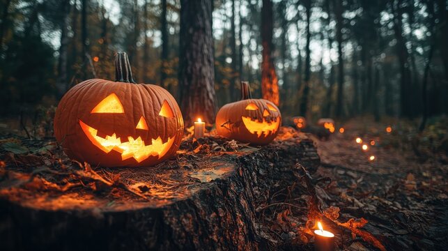 Flickering candlelight glowing halloween pumpkins in enchanted forest spooky atmosphere autumn night