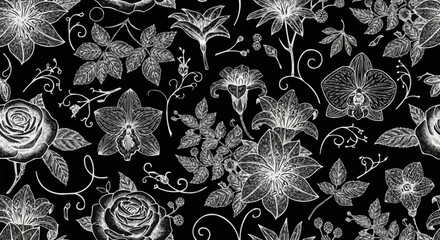 Elegant floral pattern with detailed white flowers on a black background.