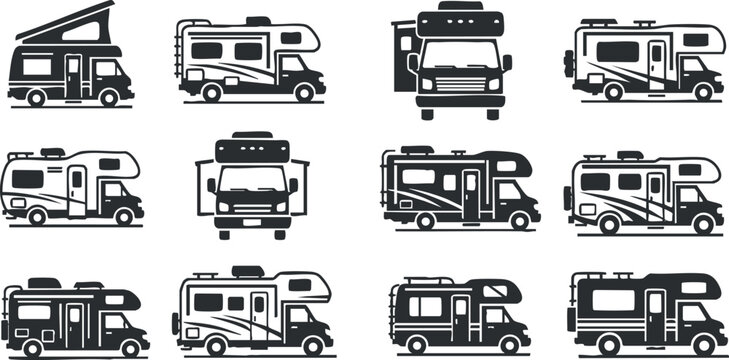 Collection of black and white vector illustrations of various RV designs for travel and camping enthusiasts