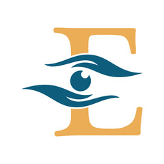 Initial Letter E Charity Logo Combine with Hand and Eye Symbol