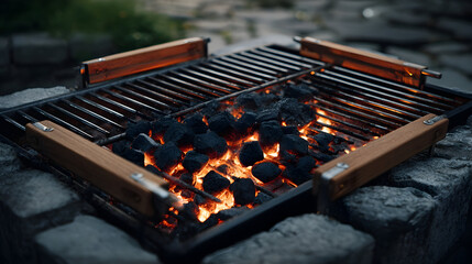 Close up of glowing barbecue grill grates with burning coals for outdoor cooking