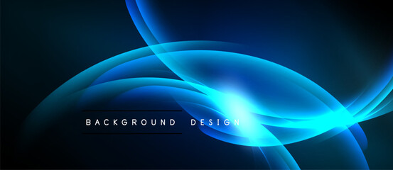 Abstract blue waves, glowing lines create dynamic background. Modern design elements suggest energy, motion, technology. Dark space enhances luminosity.