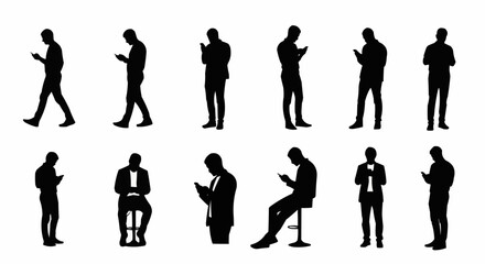 Vector silhouettes of men standing walking and sitting while using their smartphones.