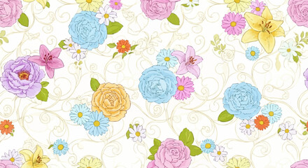 Beautiful Floral Pattern with Pastel Colored Roses and Blossoms.