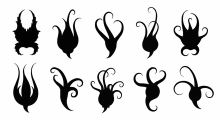 Collection of ten unique abstract black silhouettes of organic shapes and forms.