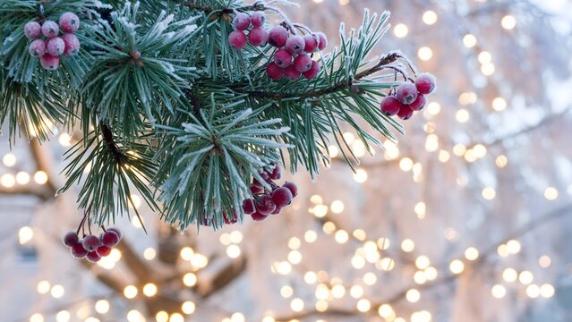 Frosty pine branch with vibrant red berries against a backdrop of soft, glowing lights evokes a cozy winter holiday feeling and festive cheer
