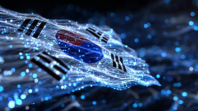 4733D holographic South Korean flag with neon Taeguk, luminous trigrams, surrounded by digital particles and network lines, futuristic cyber wallpaper - Powered by Adobe