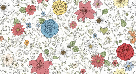 Floral Pattern with Colorful Blossoms and Delicate Line Art.