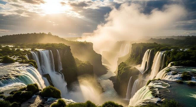 Iguazu Falls Breathtaking Waterfall Scenery with Lush Greenery a Tropical Paradise and Natural Wonder Offering Scenic Beauty and Powerful Cascades in Sunlight View
