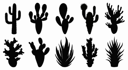 Collection of various cactus plant silhouettes in black and white.