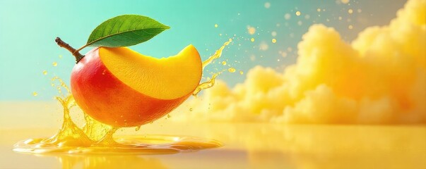 A vibrant, ripe mango takes flight, leaving a trail of sparkling juice Perfect for summer, tropical, and healthy lifestyle imagery Use for food, beverage, or travel promotions , sun, vibrant