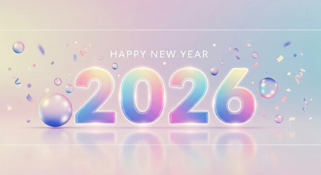 Happy New Year 2026. Holographic Pastel Gradient Banner with Confetti.