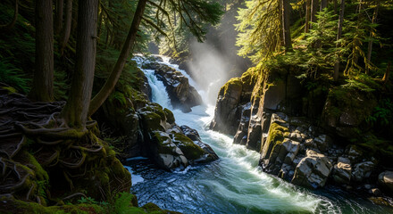 Fototapeta premium River and Waterfalls Flowing Through Lush Green Forest with Moss Covered Rocks on Bright Sunny Day in Pacific Northwest Forest Landscape Scenery at Sol Duc Falls