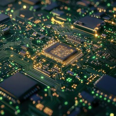 Fototapeta premium Closeup of intricate circuit board design technology environment digital artwork soft lighting perspective vibrant green hues
