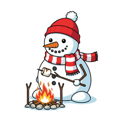 Cartoon Snowman Roasting Marshmallow by Campfire.