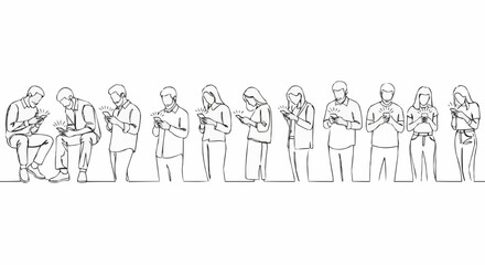 Line Art Depicting People Engrossed in Smartphones.
