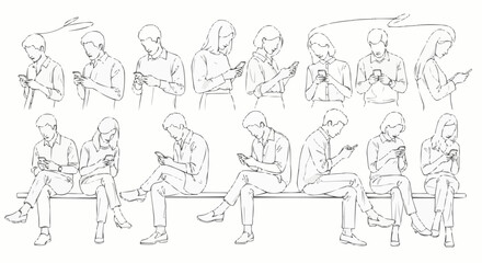 Hand drawn sketch set of diverse people using their smartphones.