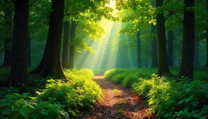 Obraz premium Sun-dappled forest path winds through lush greenery, sunlight filtering through leaves, creating a magical atmosphere Tranquil scene perfect for relaxation and escape , natural, leaves
