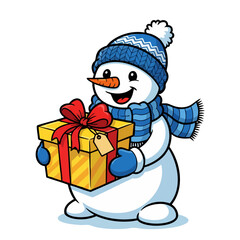 Cheerful Snowman Holding a Gift Box with Red Ribbon and Tag.
