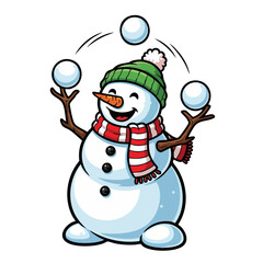 Cheerful Snowman Juggling Snowballs in Winter Cartoon Illustration.