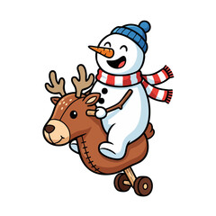 Cheerful Snowman Riding a Toy Reindeer with Striped Scarf.