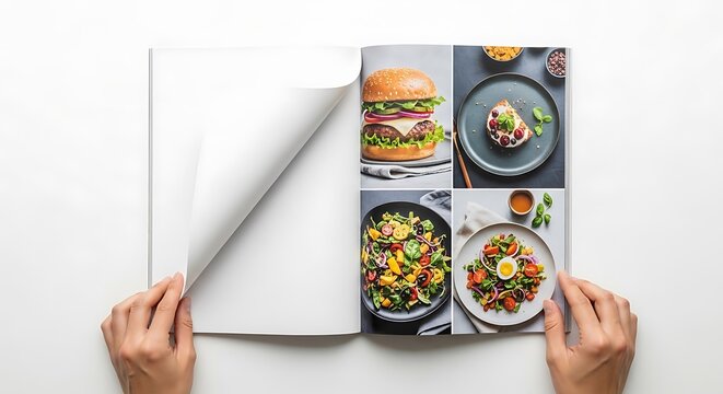 Hands opening a blank white cookbook or magazine to a page with various delicious food dishes, isolated on white - Powered by Adobe