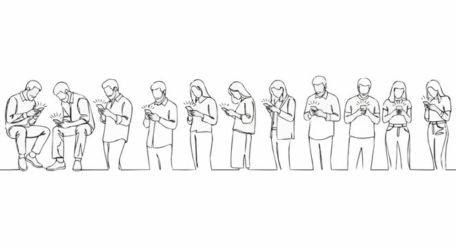 Line Art Depicting People Engrossed in Smartphones.