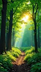 Obraz premium Sun-drenched summer forest scene, vibrant green canopy overhead, dappled sunlight on forest floor, lush undergrowth, tranquil atmosphere , wild, leaves