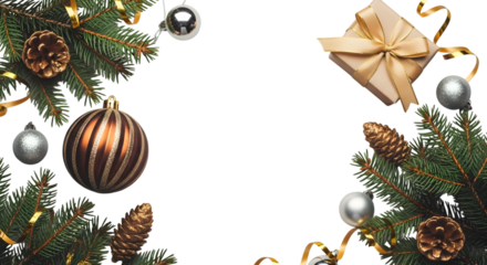 Christmas tree branches with ornaments and gift against black background
