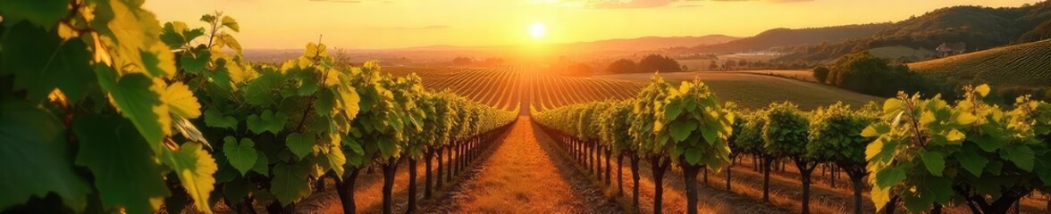 Fototapeta premium Sun-drenched vineyard rows stretching to the horizon, ripe grapes hanging heavy on the vines, ready for harvest A picturesque scene of idyllic wine country , wine country, vines, rural