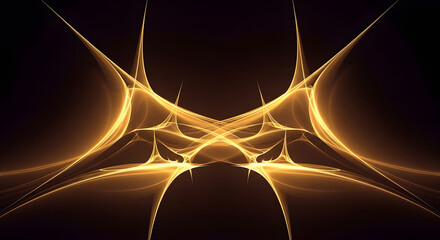 Abstract golden fractal pattern resembling a symmetrical alien creature or mystical glowing entity against a dark background evoking a sense of mystery and cosmic energy