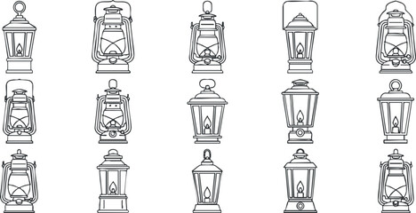 Outline vector illustration set of vintage lanterns, perfect for retro design projects or outdoor adventure themes