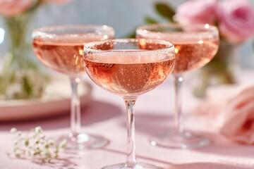Rose-colored cocktails with delicate sparkle in elegant glassware, surrounded by soft pink flowers and a pastel backdrop, perfect for celebrations and special occasions