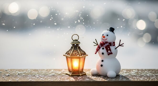 Snowman with glowing lantern in falling snow winter light