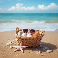 Summer Beach Basket Scene features sunglasses and a starfish, encapsulating a relaxed, coastal vibe typical of a beach outing.