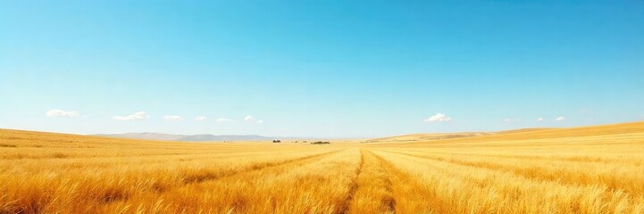 Fototapeta premium Vast, flat expanse of golden grassland stretching to the horizon under a clear blue sky Perfect for illustrating concepts of freedom, openness, and the untouched beauty of nature , vast, green