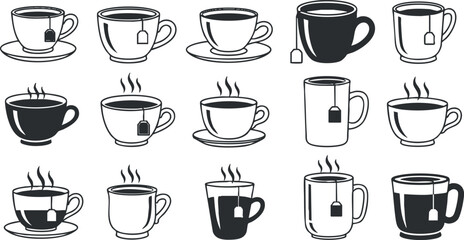 Stylized collection of black and white vector illustrations of various coffee and tea cups with steam and tea bags