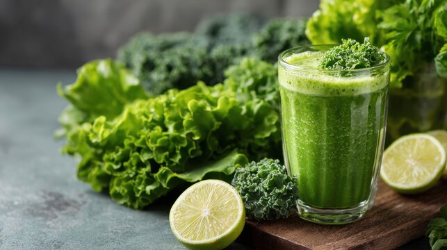 A refreshing green smoothie made from kale and lime is placed among fresh leafy greens showcasing vibrant colors. - Powered by Adobe