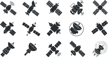 Collection of modern black and white vector illustrations of satellites in various designs for technology and space exploration projects