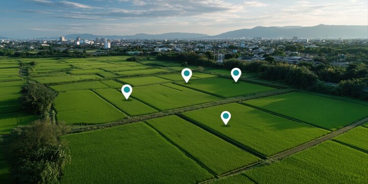 Scenic aerial view of lush green rice fields with location pins near urban cityscape - Powered by Adobe