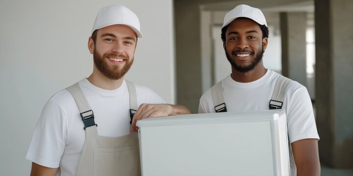 Two young male movers smiling indoors in uniforms with white caps