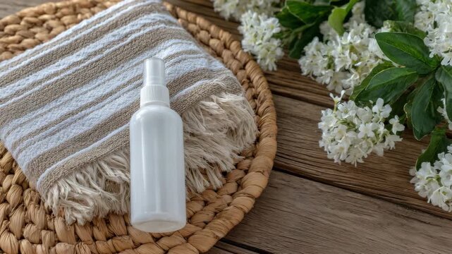 Beauty spray and soft towel arranged neatly on wooden table, flatlay with natural textures and soft morning light for lifestyle blog content